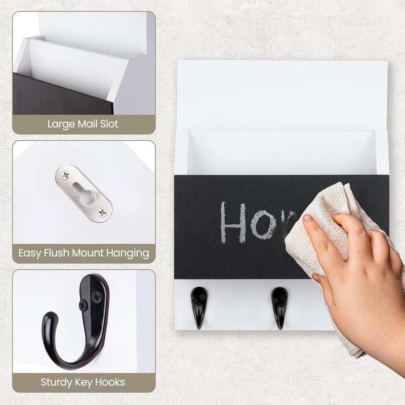 Lucundm Key and Mail Holder for Wall Mount, Entryway Mail Holder with 2 Slot, Key Holder with 3 Sturdy Hooks for Coat, Dog Leash, Decorative Key Rack (8.86”W x 11.42”H x 3”D) (White) - Image 3